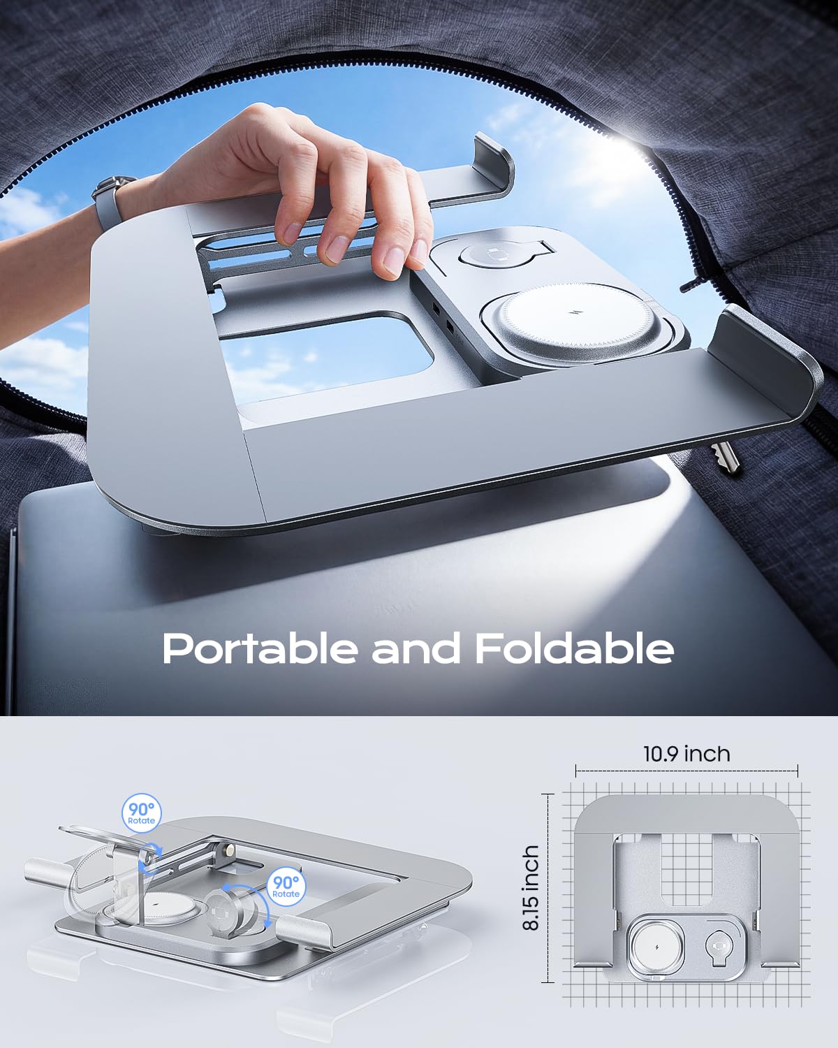 Meifigno Laptop Stand for Desk with Wireless Charging Station Base, Foldable Aluminum MacBook Stand with MagSafe Charger for iPhone/iWatch/AirPods, 30W USB-C Charging for All Laptop, with 65W Adapter