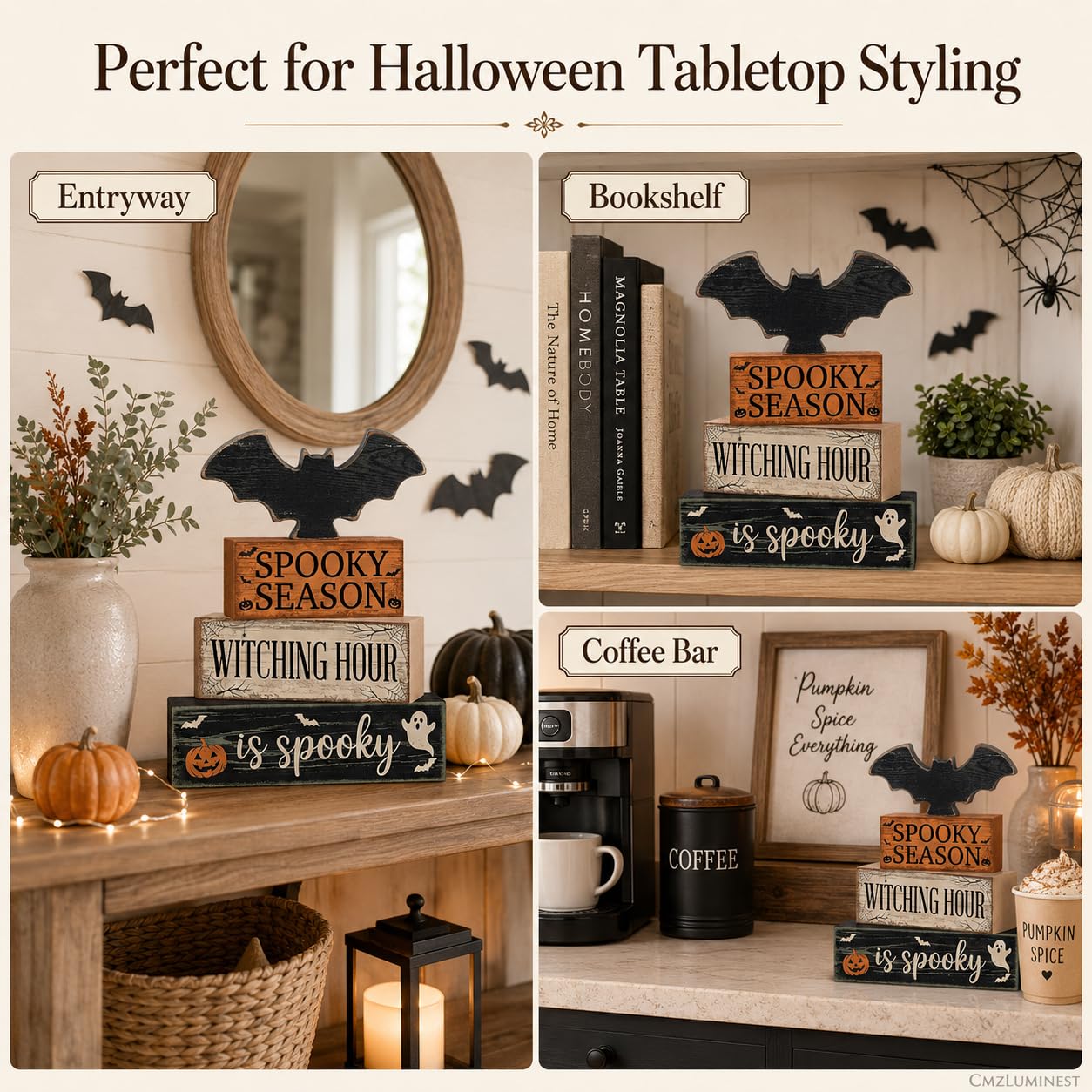 4 Pcs Halloween Table Decorations, Wooden Bat Tiered Tray Decor, Farmhouse Rustic Block Signs, Spooky Season Tabletop Centerpiece for Home Kitchen Shelf Office Mantel