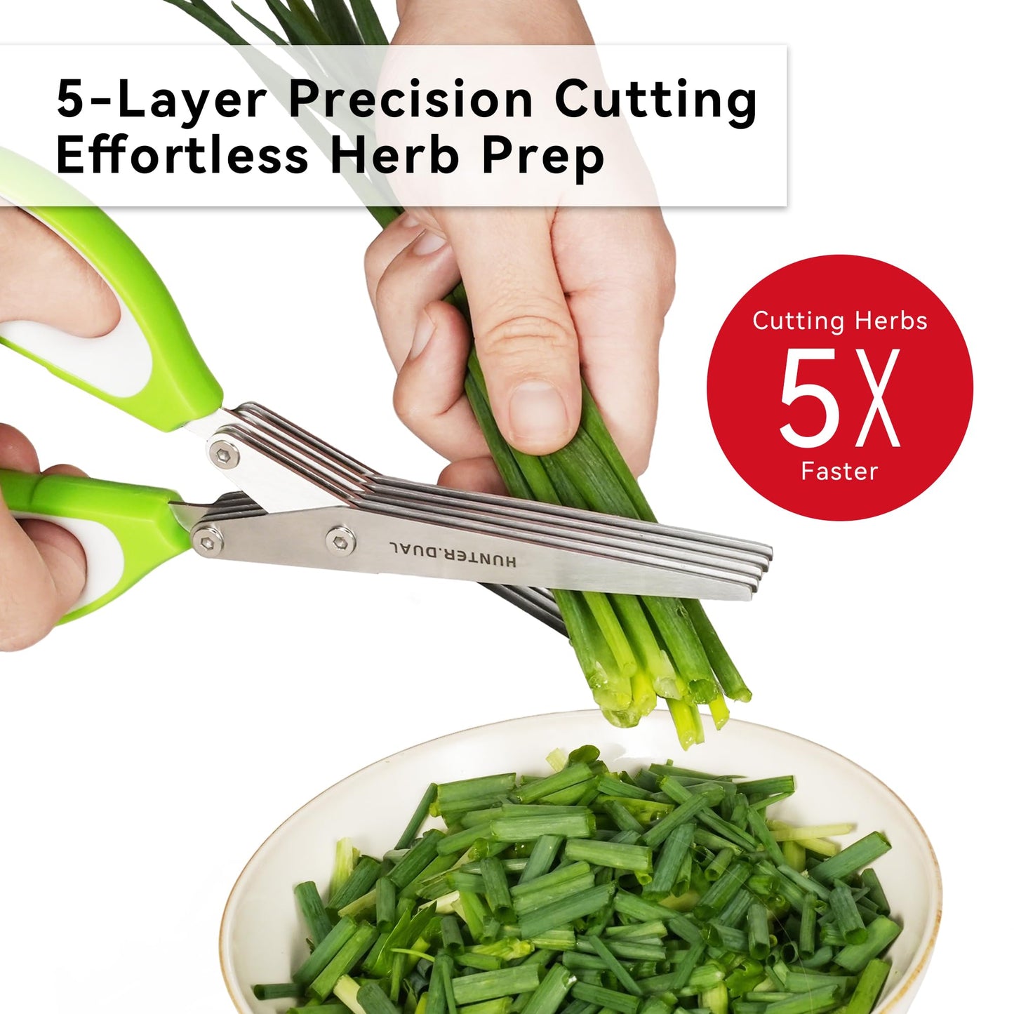 5 Blades Herb Scissors - Professional Kitchen Shears with Safety Cover for Cutting Green Onions, Fresh Herbs, Vegetables & Salad Food Prep, Must-Have Cooking Gadgets (Green, White, 8.7 inch)