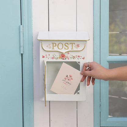 Mailbox Wall Mount Mailboxes for Outside Vintage Mail Boxes for House Outside Metal Drop Box Antique Style Nostalgic Charm Home Decorative, Flower Pattern White