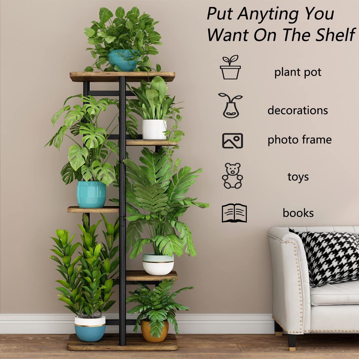 LINZINAR Plant Stand 5 Tier 6 Plant Multiple Flower Rack Holder Shelves Rack Storage Organizer Display Indoor Planter for Balcony Bedroom Patio Garden Living Room, Black