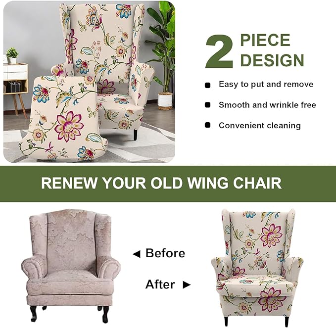 HAOYONG Wing Chair Slipcovers Printed Wingback Chair Covers 2 Pieces Wingback