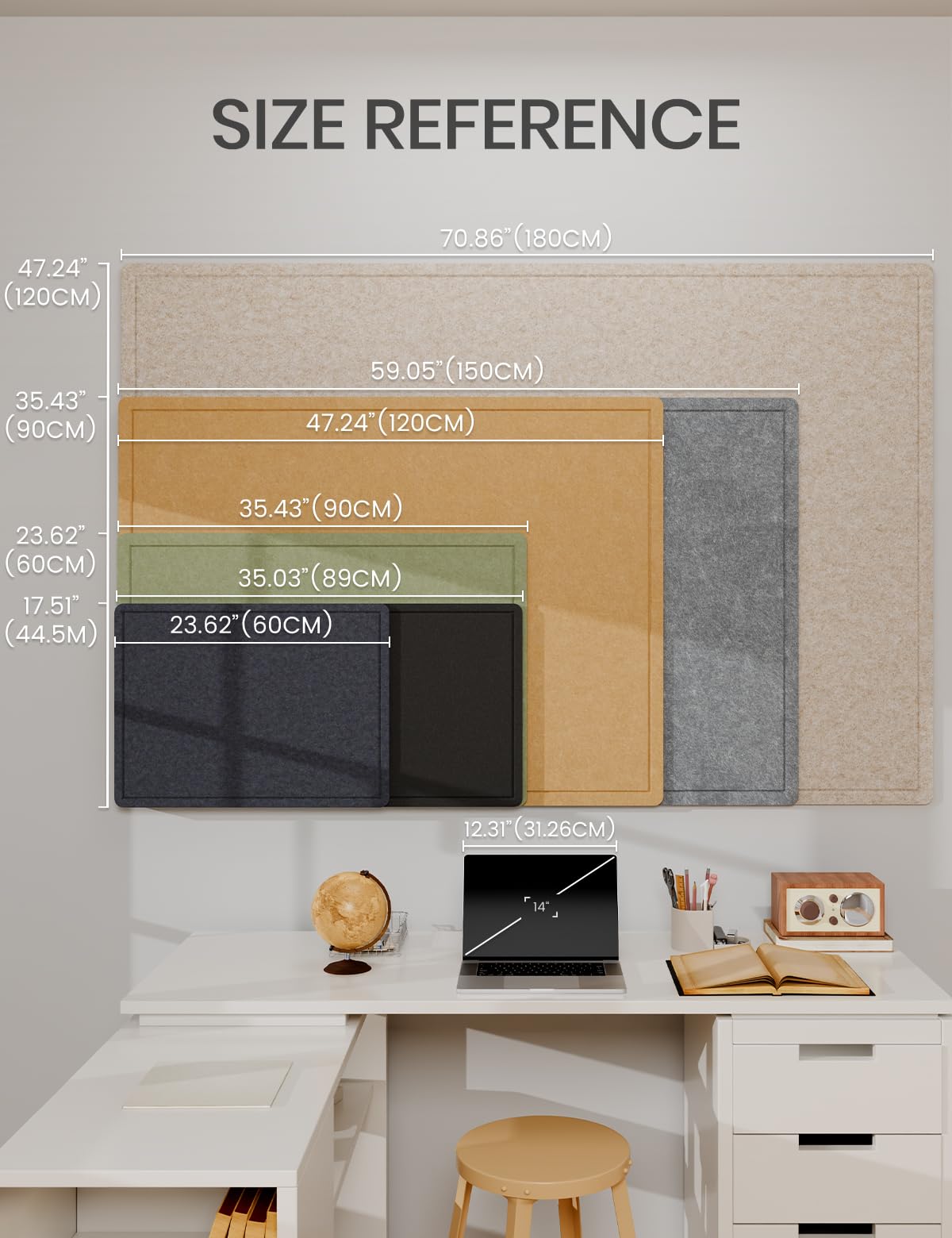 Fluxynara Bulletin Board, 35" x 17.5" Cork Board Alternative with 12 Safe Removable Adhesive Tabs, Foldable Felt Pin Board for Home Office, Classroom, Bedroom,Entryway for Walls—Blue Gray
