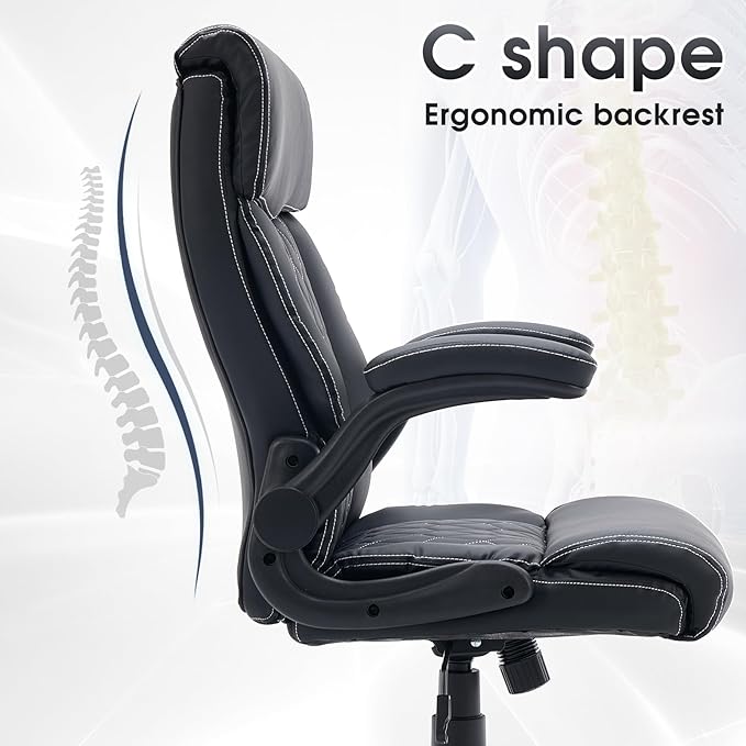 High Back Office Chair with Flip-up Armrests, Leather Comfy Desk Chair with