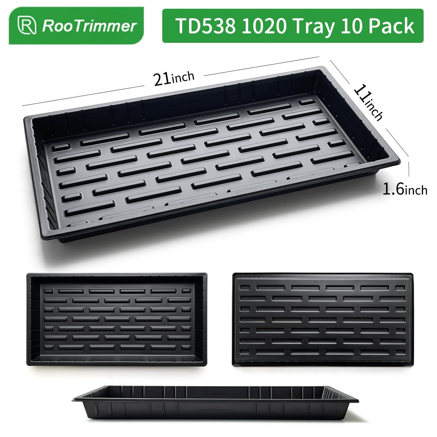 RooTrimmer Growing Trays, 1020 Plant Nursery Trays Heavy Duty Seed Starter Flat Seedling Tray for 72/128 Cell Plug Tray Transplant Growing Microgreens (21"×11", 10 Pack, 1.6" Deep, Without Holes)