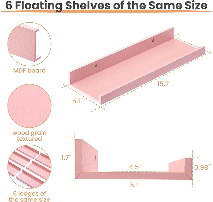 upsimples Pink Shelves for Wall, Living Room, Game Room, 6 Pack Wall Mounted