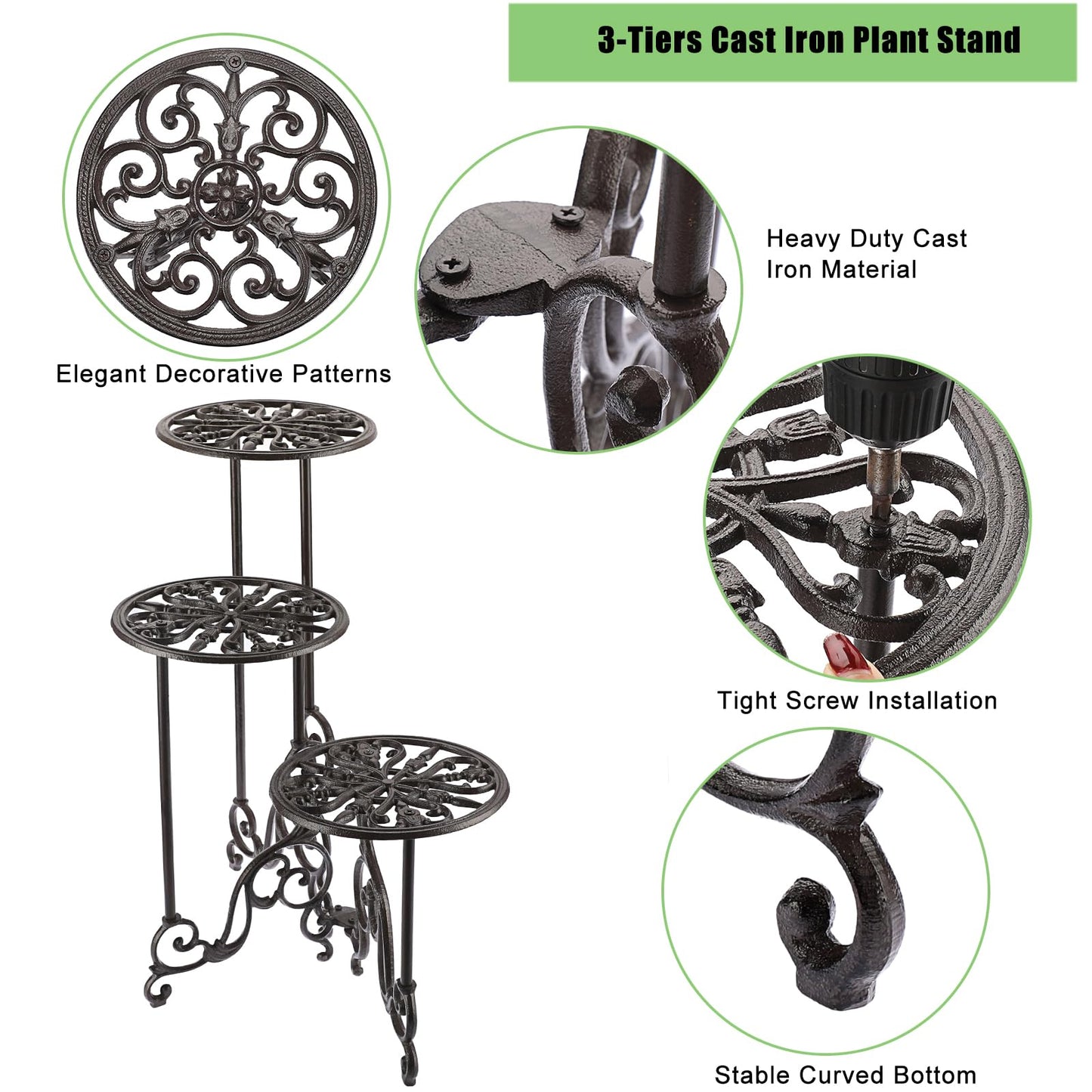 OwnMy 3 Tier Heavy Duty Cast Iron Plant Stand Foldable Wrought Iron Flower Pot Holder, Indoor Outdoor Tall Plant Stand Shelf for Garden Patio, Decorative Round Metal Plant Display Rack, Retro Brown
