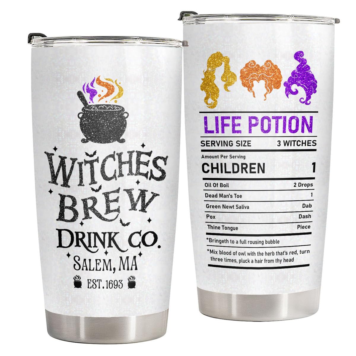 34HD Funny Witch Brew Tumbler 20oz Stainless Steel Insulated - Hocus Nutrition Facts for Halloween Fans - Birthday Present for Men & Movie Fans