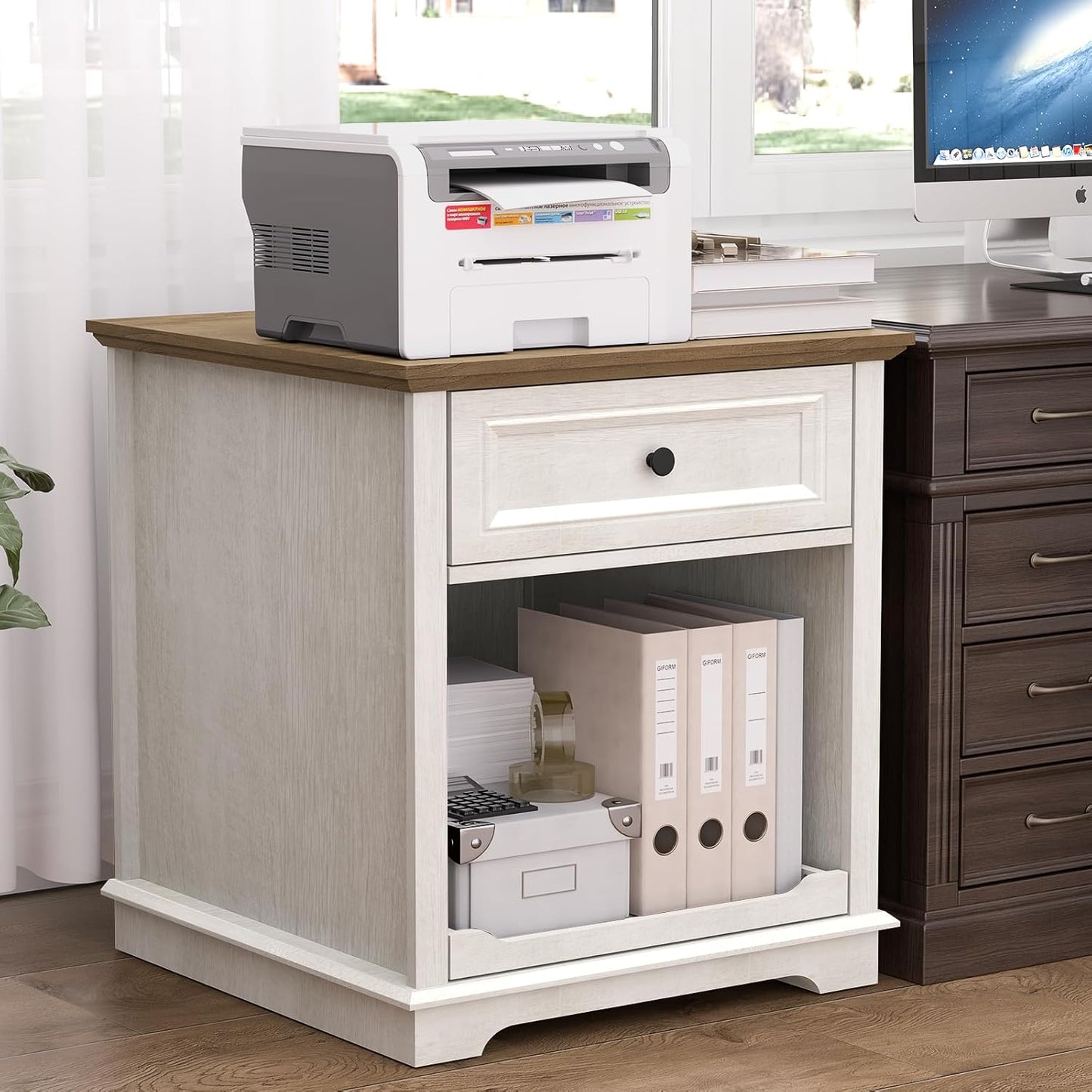 Lateral File Cabinet 3 Drawer File Cabinet with Charging Station, Printer Stand with Open Adjustable Storage Shelves, Lateral Filing Cabinet for Home Office, White