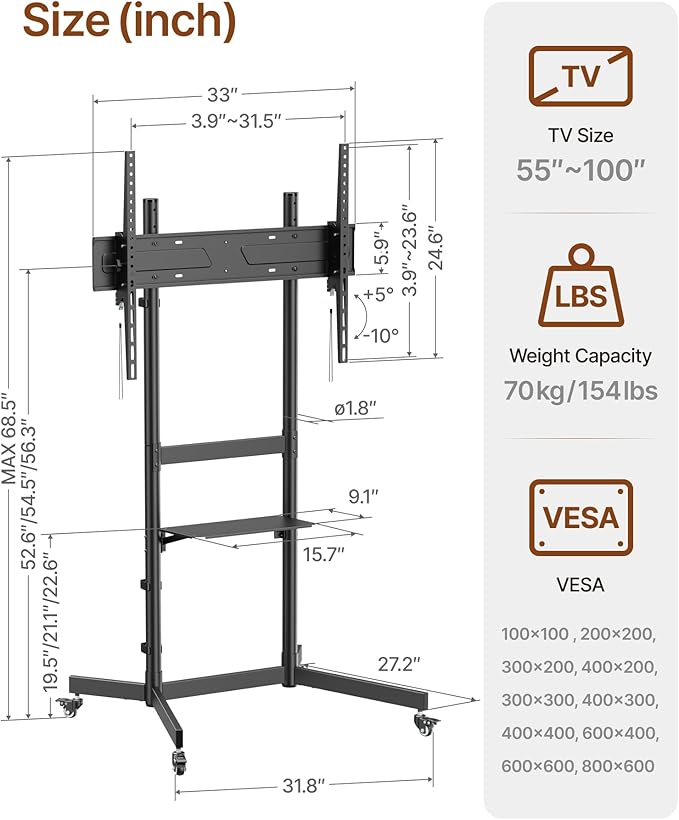 Heavy-Duty Rolling TV Stand for 55–100" Screens — Supports 165 lbs, Stable