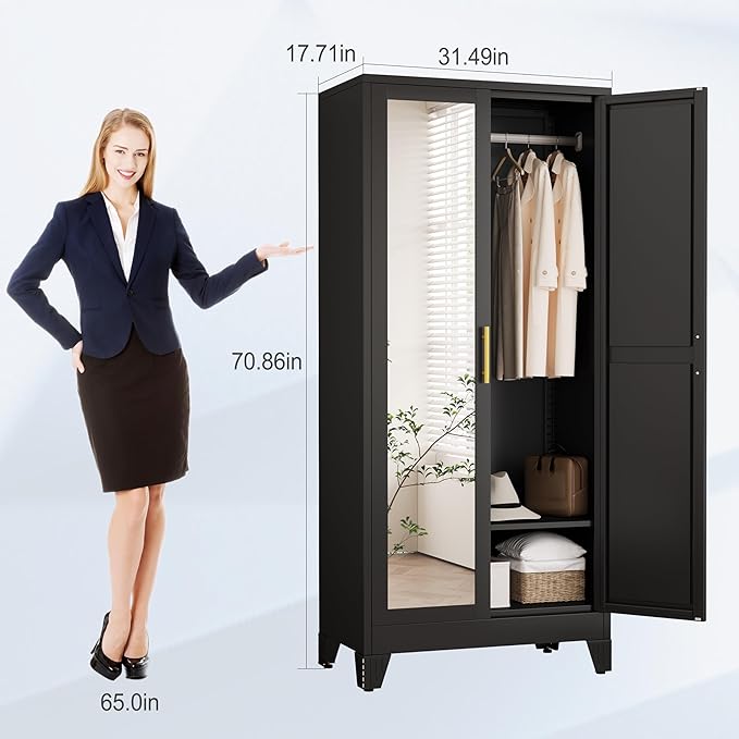 71" Metal Armoire Wardrobe Closet, Steel Clothing Storage Cabinet
