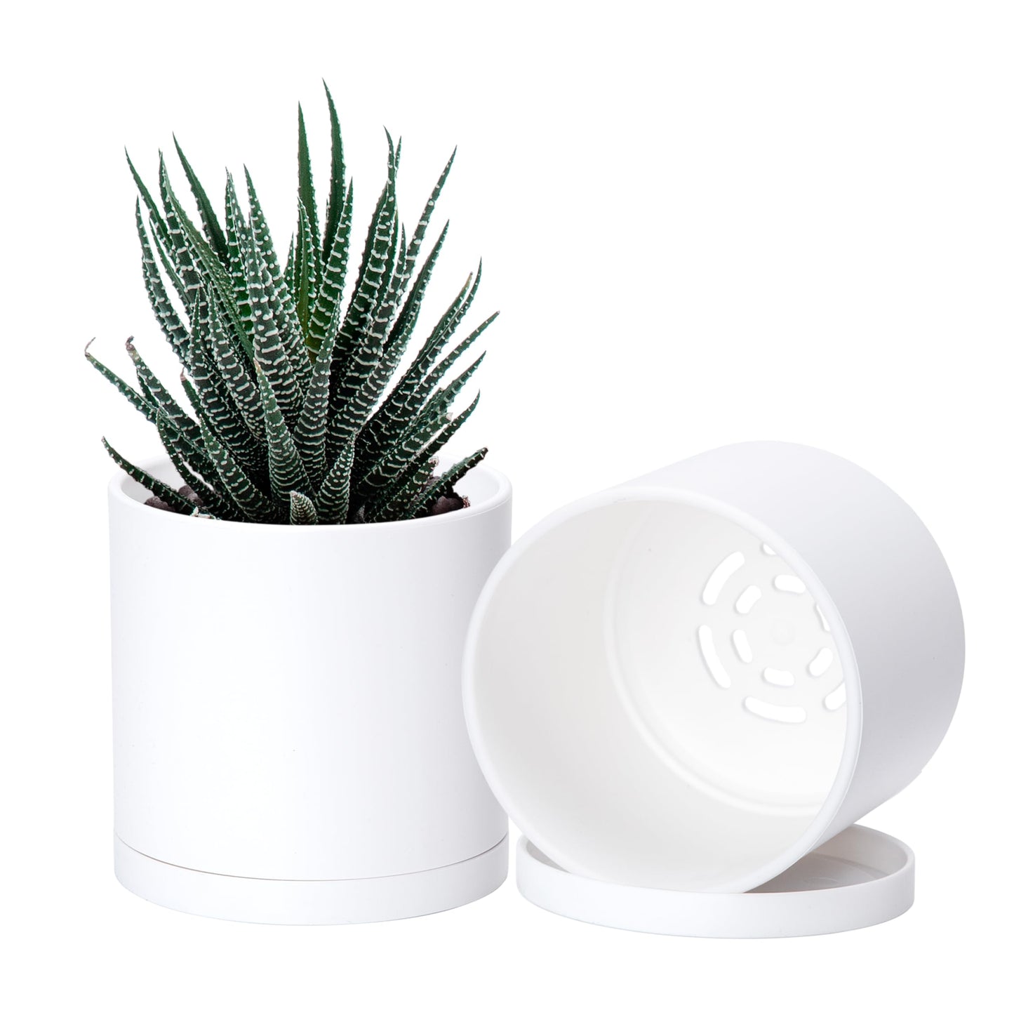 D'vine Dev 2 Pack 4.5 Inch Modern Plastic Plant Pots, Small Garden Planters for Plant with Drainage Holes and Saucers, White Color, 74-Z-F-1