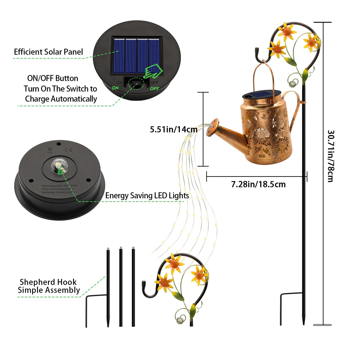 VOOKRY 2 Pack Sunflower Metal Solar Watering Can Lights, Solar Lights Outdoor Waterproof, Gifts for Women Mom Grandma Birthday, Hanging Lanterns Decorative Garden Decor for Outside Yard Patio Lawn