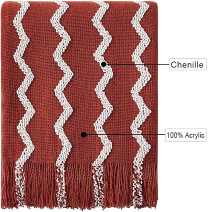BOURINA Fluffy Chenille Knitted Fringe Throw Blanket Lightweight Soft Cozy for Bed Sofa Chair Throw Blankets, Rust 50" x 60"