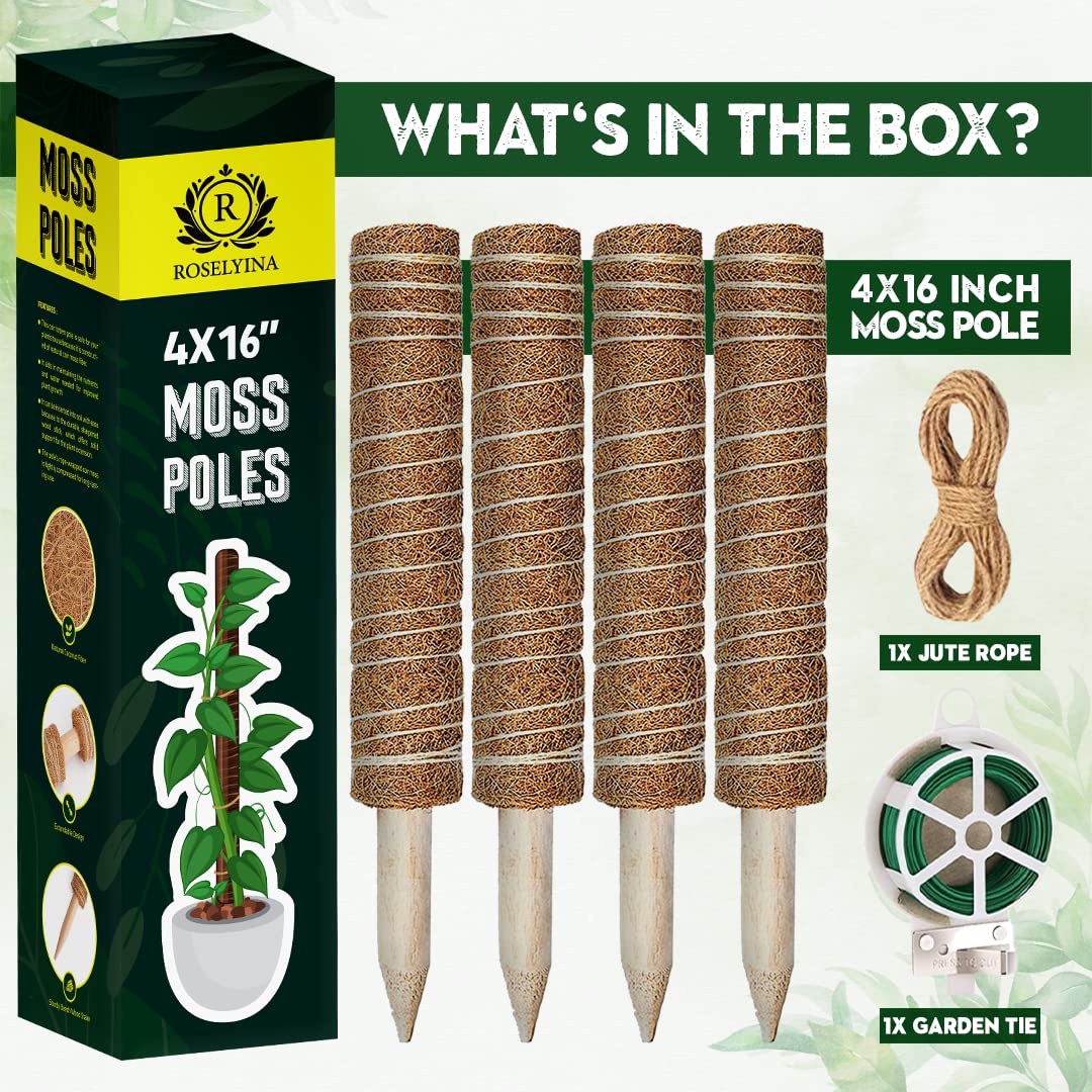 47.5 Inch Tall Moss Pole for Plants Monstera 4 Pcs 16 Inch Coir Totem Moss Pole Stick for Climbing Plants Indoor, Plant Support Extension/Trellis, Train Indoor Creepers to Grow Upwards 65ft Twist Tie.
