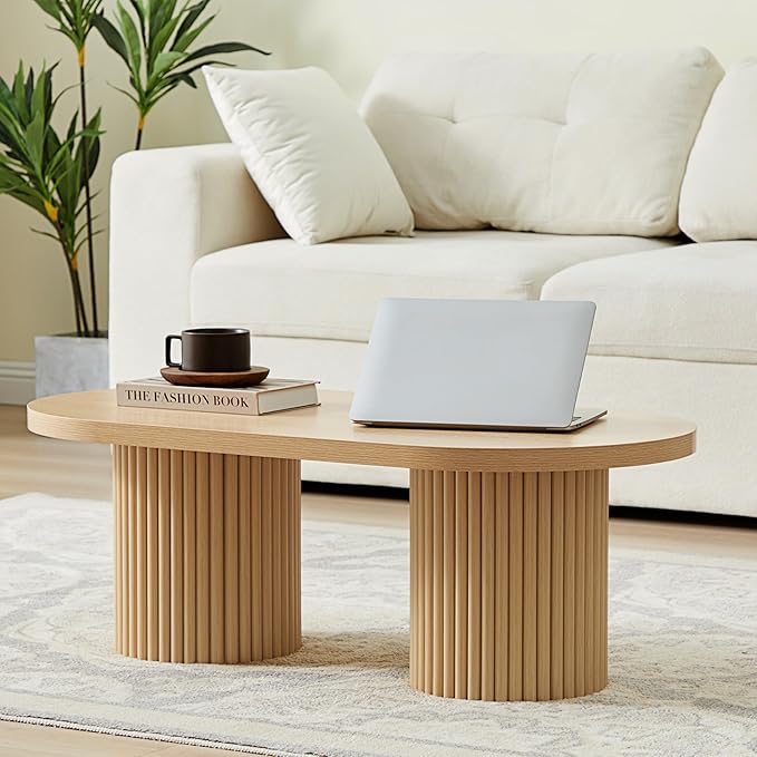 Oval Fluted Coffee Table, Farmhouse Wood Coffee Table Mid Century Modern Center