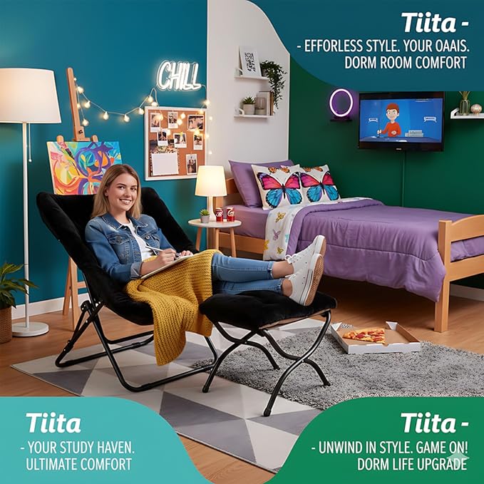 Tiita Folded Chair with Ottoman, Soft Faux Fur Oversized Folding Accent Chair