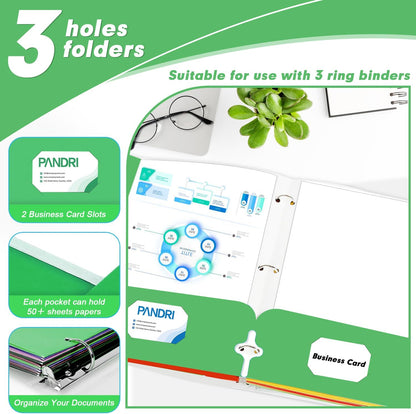 Two Pocket Portfolio Folders, PANDRI 60 Pack 3 Hole Punched 2 Pocket Folders for 3 Ring Binder, Letter Size Paper File Folder for School Office Home Business, Green