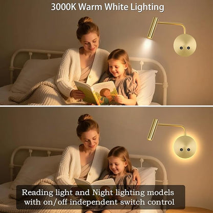 Gold Wall Mounted Reading Light, 3000K Flexible Headboard Reading Sconces with On Off Switch Control, Plug in/Hardwired Wall Light Fixtures with Night Light for Bedside Bedroom Bunk