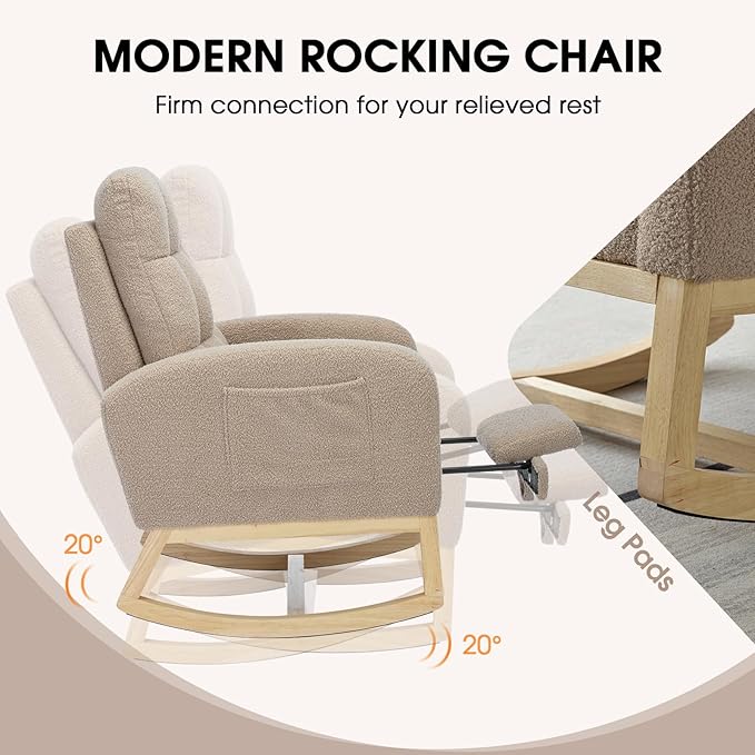 NIOIIKIT Modern Nursery Rocking Chair, Teddy Upholstered Rocking Chair