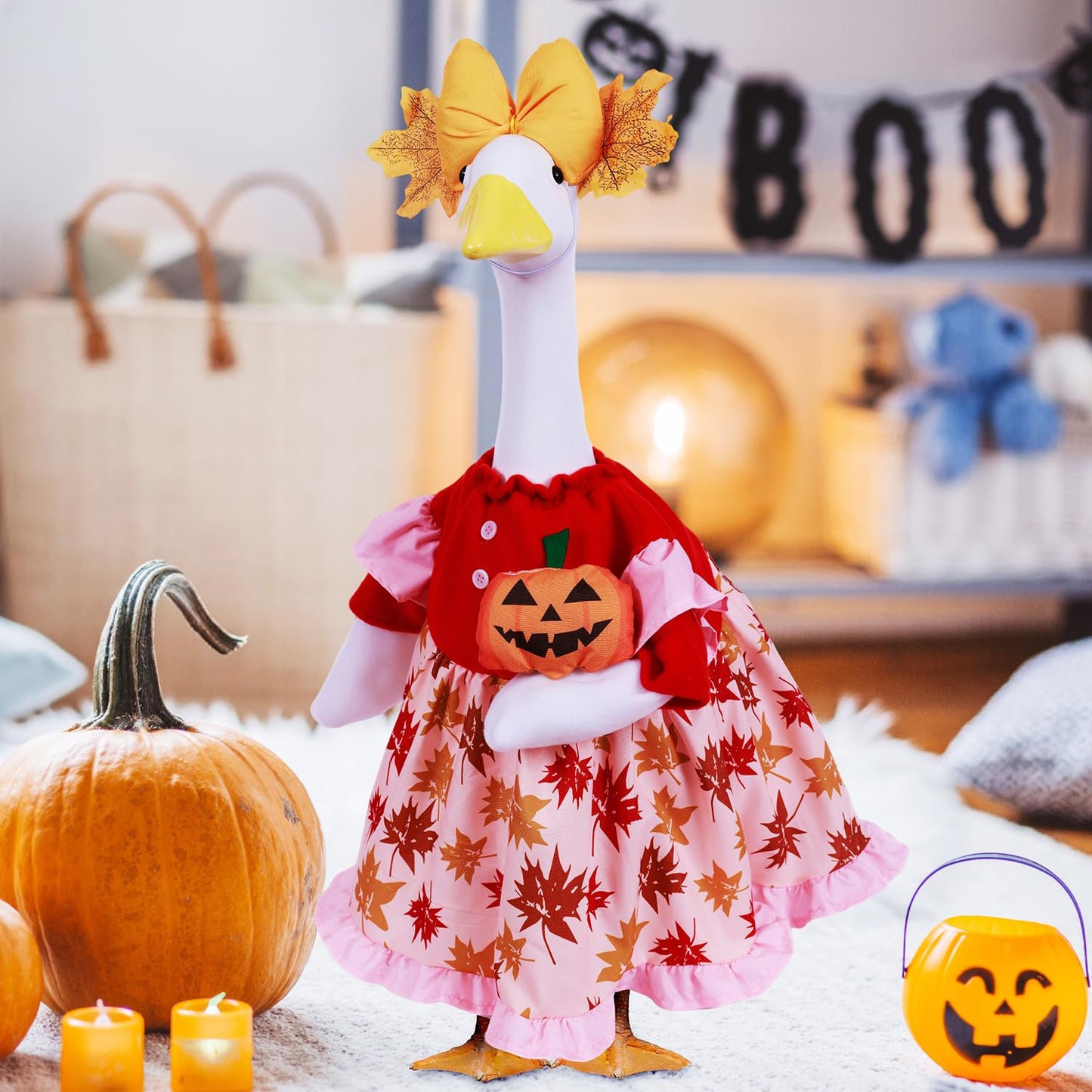 AZYM Fall Porch Goose Outfits,3 Pcs/Set Halloween Pumpkin Maple Leaf Yard Goose Statue Clothes for 23" Statue Patio Lawn Garden Thankgiving Day Decoration