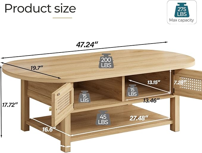 LVB Rattan Coffee Table, Boho Wood Living Room Table