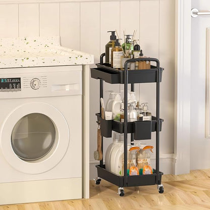 3 Tier Rolling Utility Cart with Drawer, Plastic Storage Organizer Rolling Carts with Wheels Handles Hanging Cups Hooks for Office, Bathroom, Kitchen,Craft Art Room (Black)