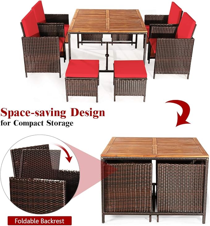 Tangkula 9 Pieces Acacia Wood Patio Dining Set, Space Saving Wicker Chairs and