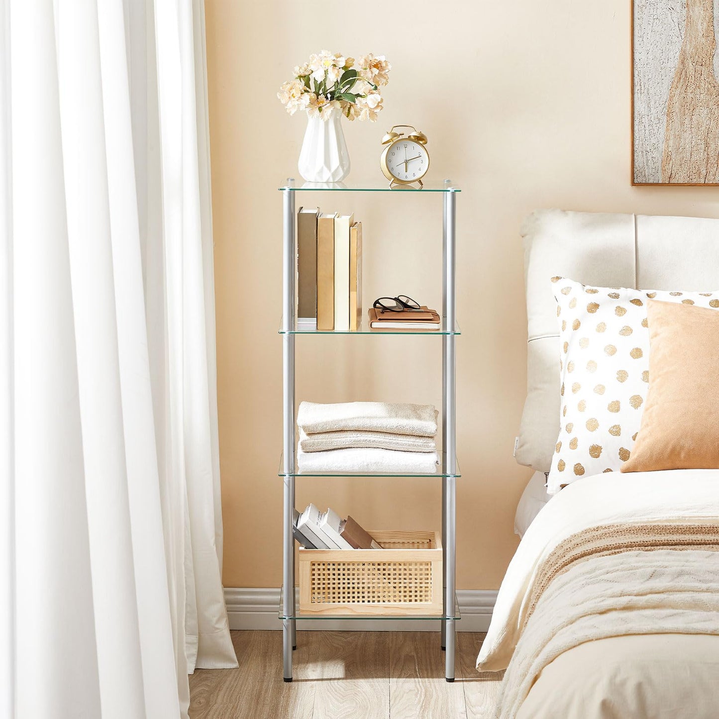 HOOBRO Glass Shelf, 4 Tier Bathroom Standing Shelf Unit, Tempered Glass Shelving Stand for Small Space, Perfume Stand Organizer, Space-Saving, for Bathroom, Bedroom, Steel Frame, Silver SV04CJ01