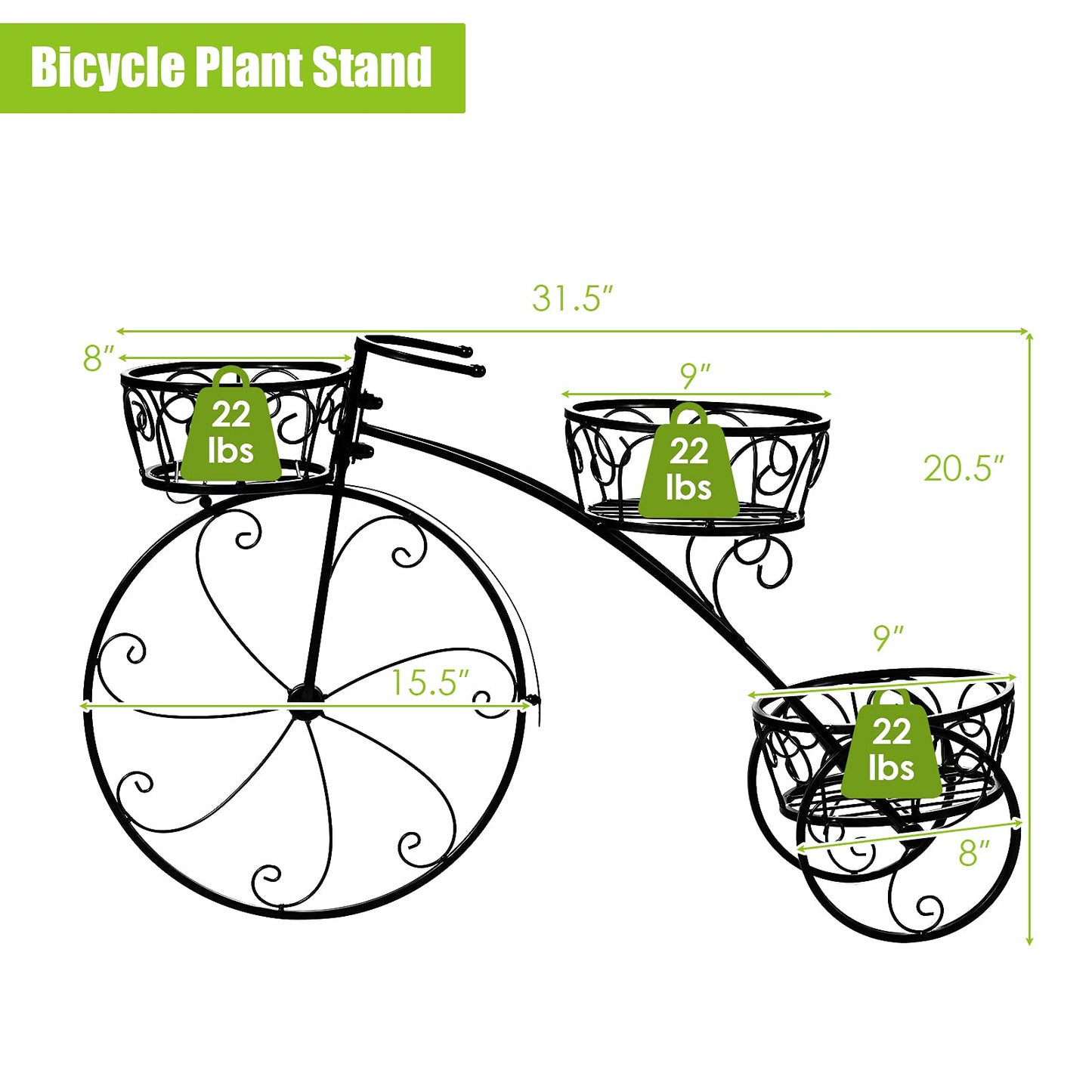 OFFICEJOY Bicycle Planter, Flower Pot Stand with 3 Decorative Wheels, 3 Collection Baskets, Metal Steel Frame, Tricycle Plant Stand for Outdoor, Indoor, Home, Balcony, Patio, Garden, Backyard