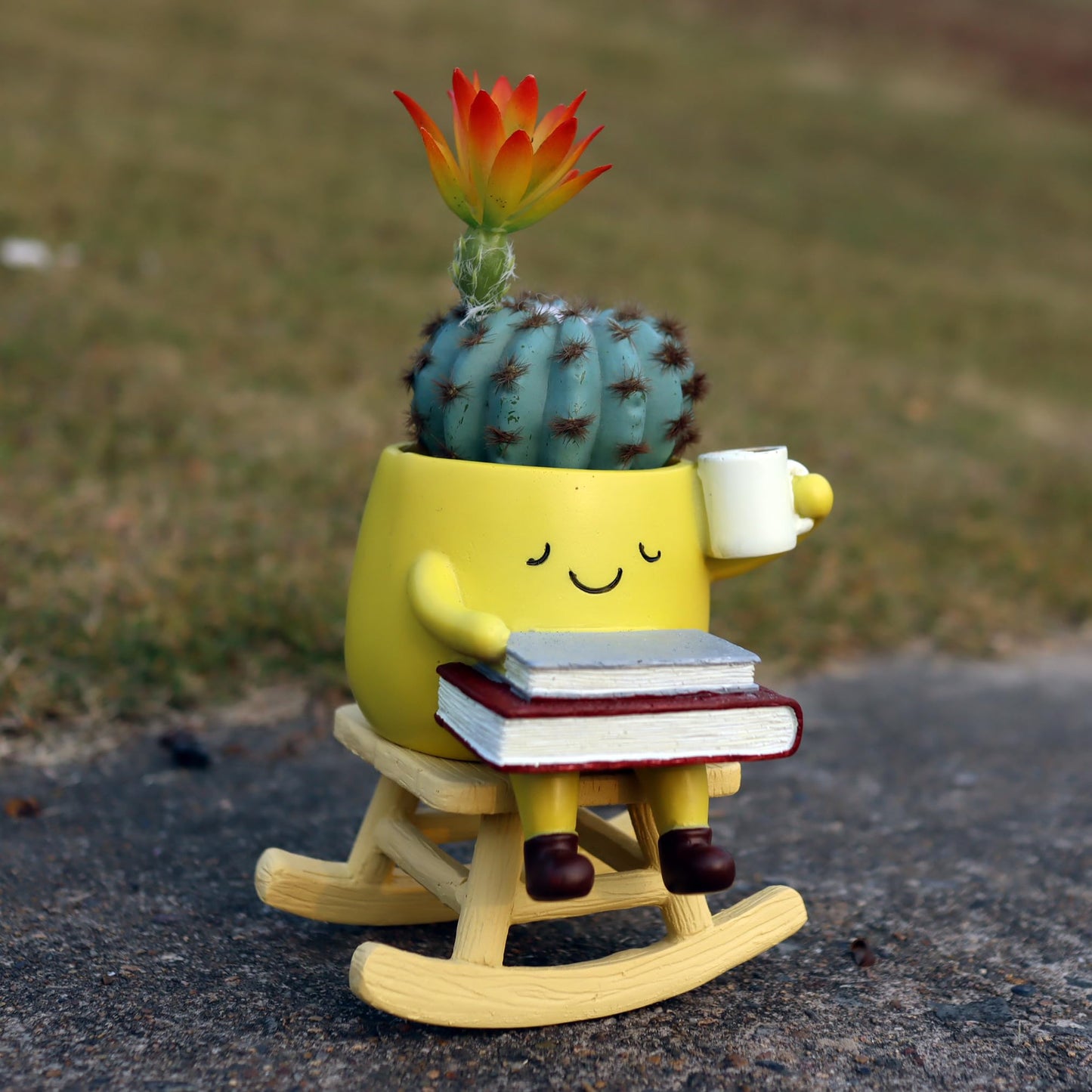 Dolkgy Funny Planters for Indoor Outdoor Plants, Adorable Rocking Chair Drinking Coffee Book Face Plant Pots, Unique Yellow Head Planters Flower Vase Succulent Pots