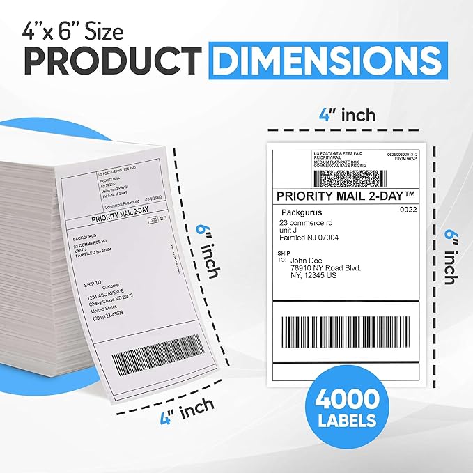 PackGurus 4"x6" Fanfold Direct Thermal Labels Commercial Grade with Perforated line for Thermal Printers, Compatible with Zebra & Rollo Printer (2 Stacks - 4000 Labels)
