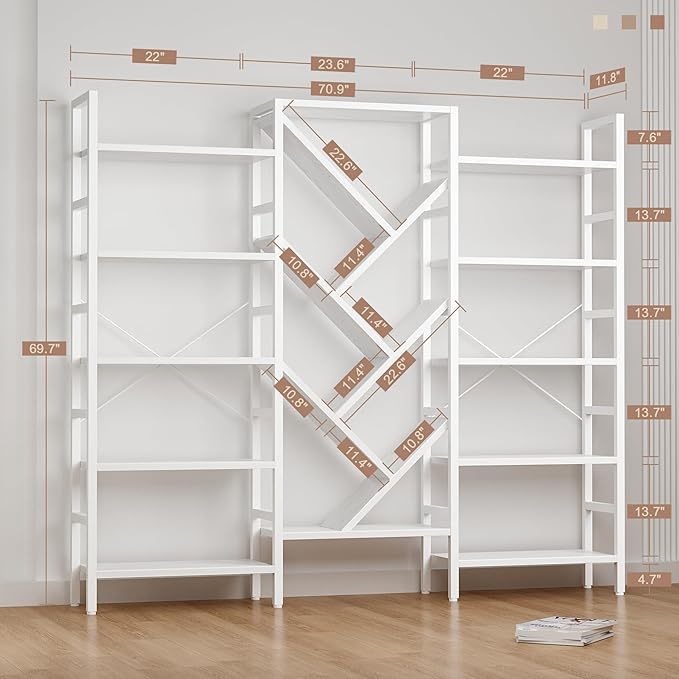 INNOD 70" Triple 5 Tier Book Shelf, Large Wooden Bookcase