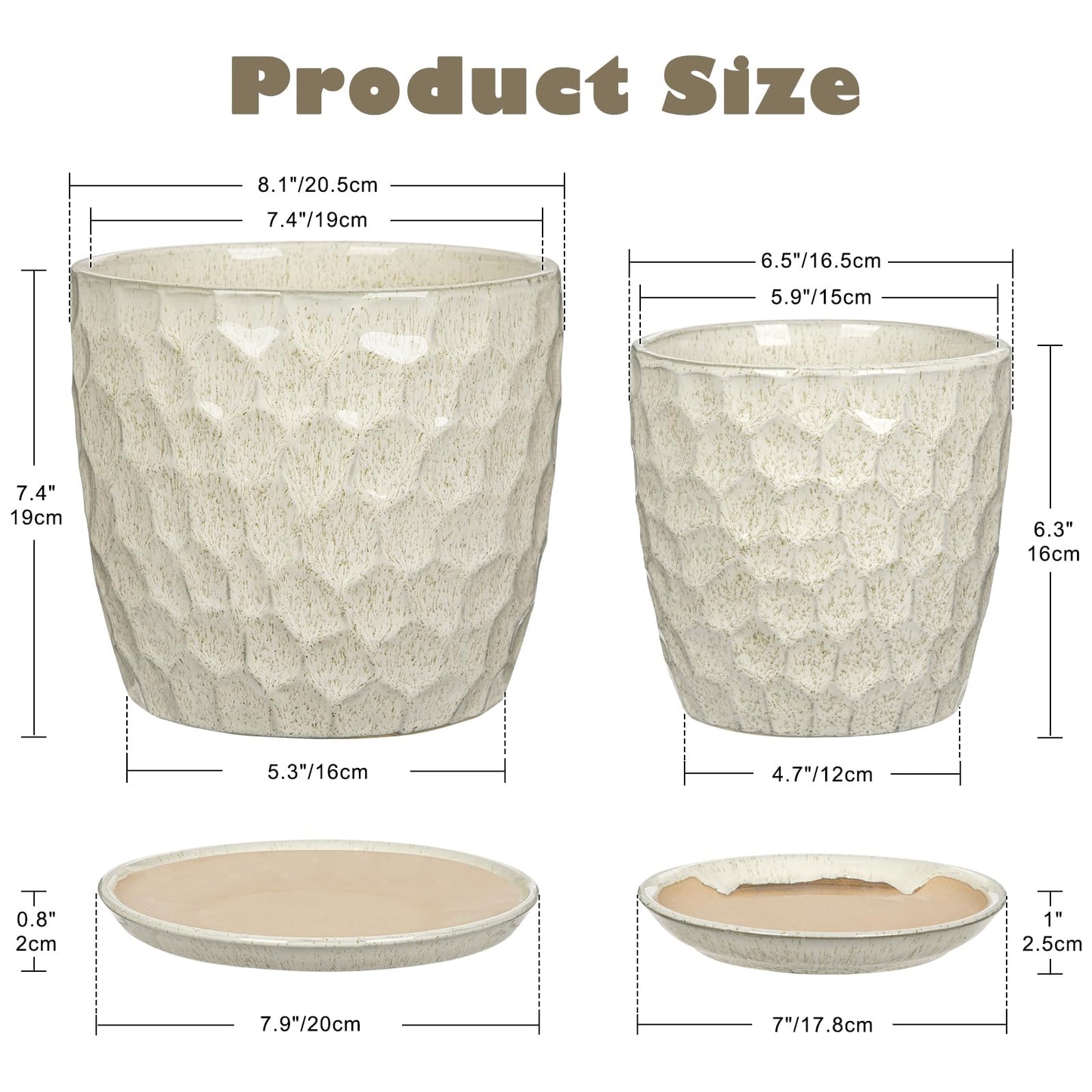 Hollyone White Ceramic Pot for Plants Flowers Ceramic Planter with Drainage Hole and Saucers 8 + 6.5 Inch Set of 2 Glaze Round Flower Plant Pot for Indoor Outdoor Large Succulent Orchid Flower Pot