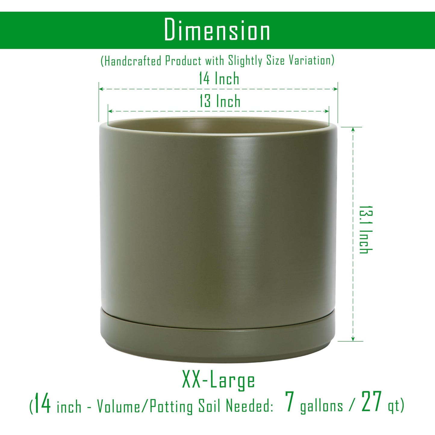 D'vine Dev 14 Inch Ceramic Planter Pot with Drainage Hole and Saucer, Indoor Cylinder Round Planter Pot, Olive, 94-O-G-J