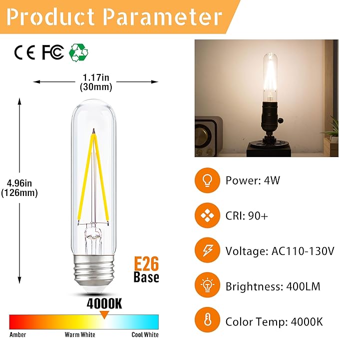 Dimmable E26 T30 T10 LED Bulb Long Tube Light Bulb 4W, Type T Tubular Light