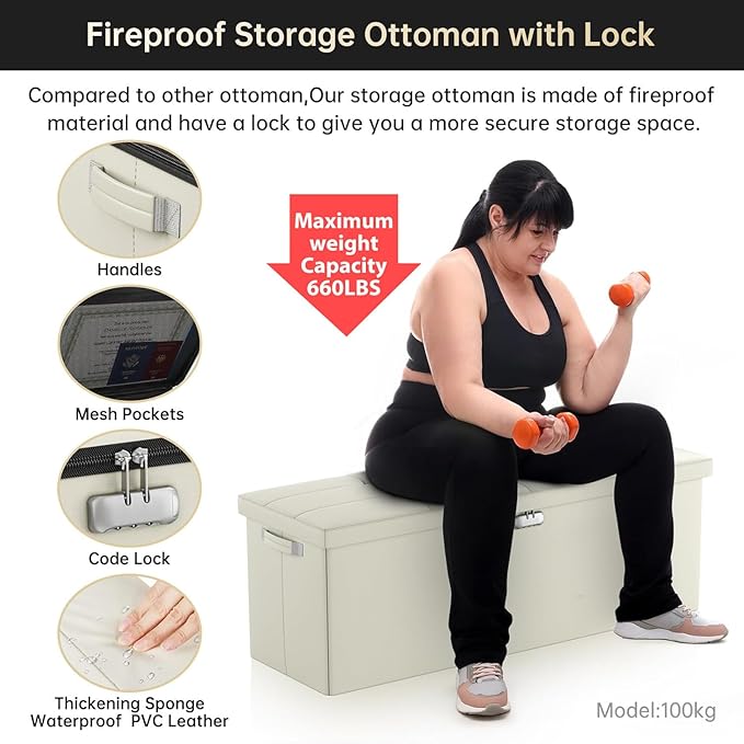 DocSafe Storage Ottoman Bench, Fireproof＆Waterproof Folding Bench
