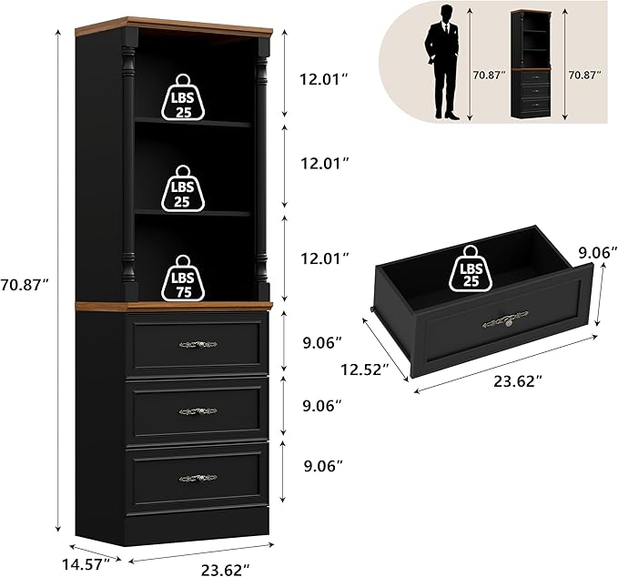 Bookshelf with Drawers, Floor Standing Display Storage Cabinet