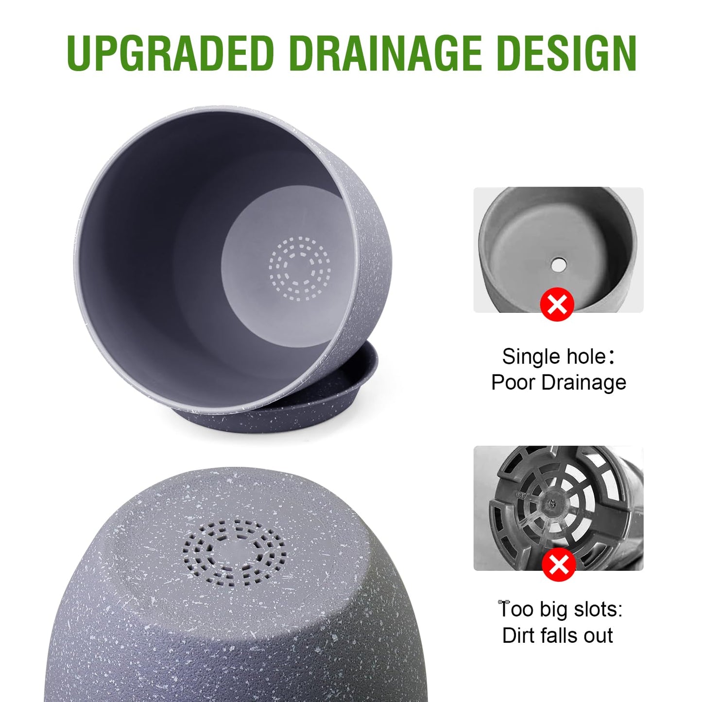 WSMKSZ 10/9/8 inch Plant Pots, Set of 3 Modern Decorative Plastic Planters with Drainage Holes and Saucers for Garden House Plants, Flower Pots for Indoor Outdoor Plants, Speckled Grey
