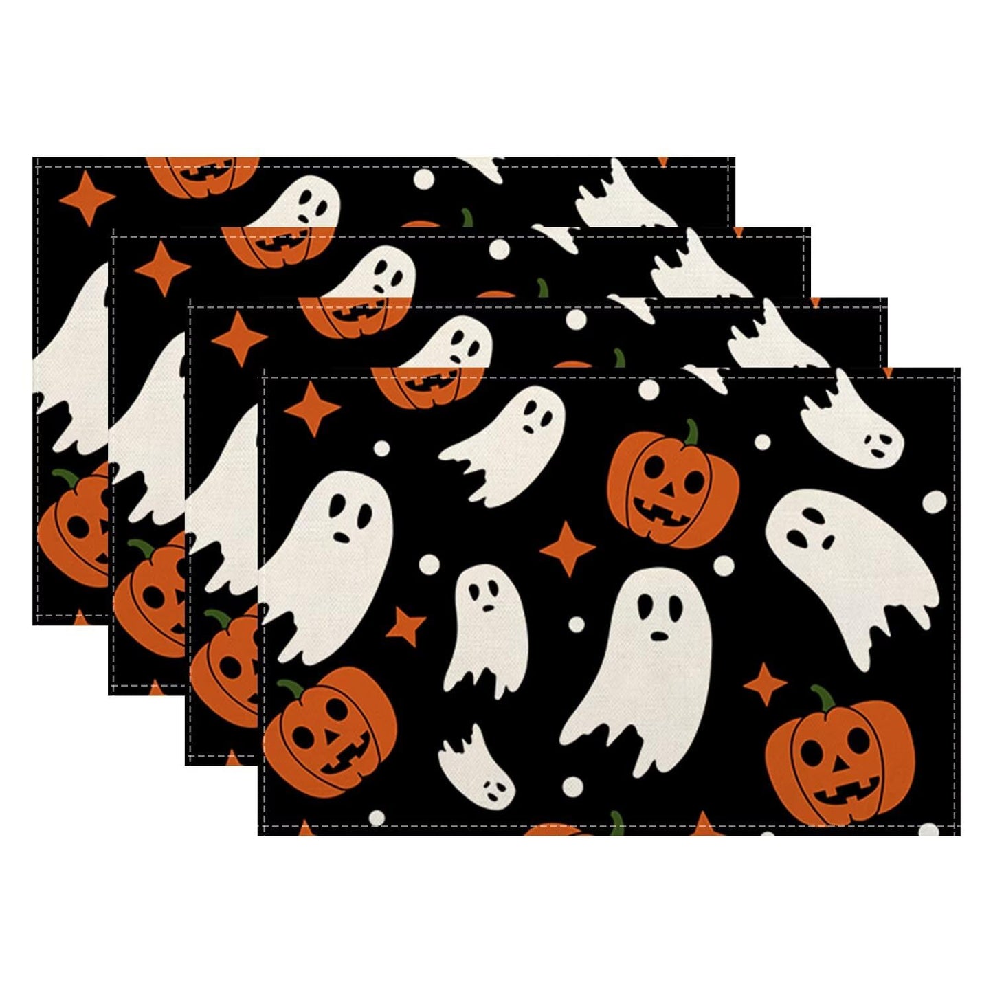 Halloween Orange Pumpkin Placemats 12x18 Inch Set of 4, Black and White Ghost Table Place Mat Autumn Cute Lantern Face Washable Table Mats Decorative Linen Fabric Table Mat for Dining Table