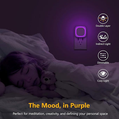 YUNLEX 2 Pack Purple Night Light, Gentle Eye-Care with Dimmable Soft Glow & Indirect Reflection, Auto Dusk to Dawn Sensor, Plug in Nightlight for Meditation Corner, Creative Studio, Bedroom, Bathroom