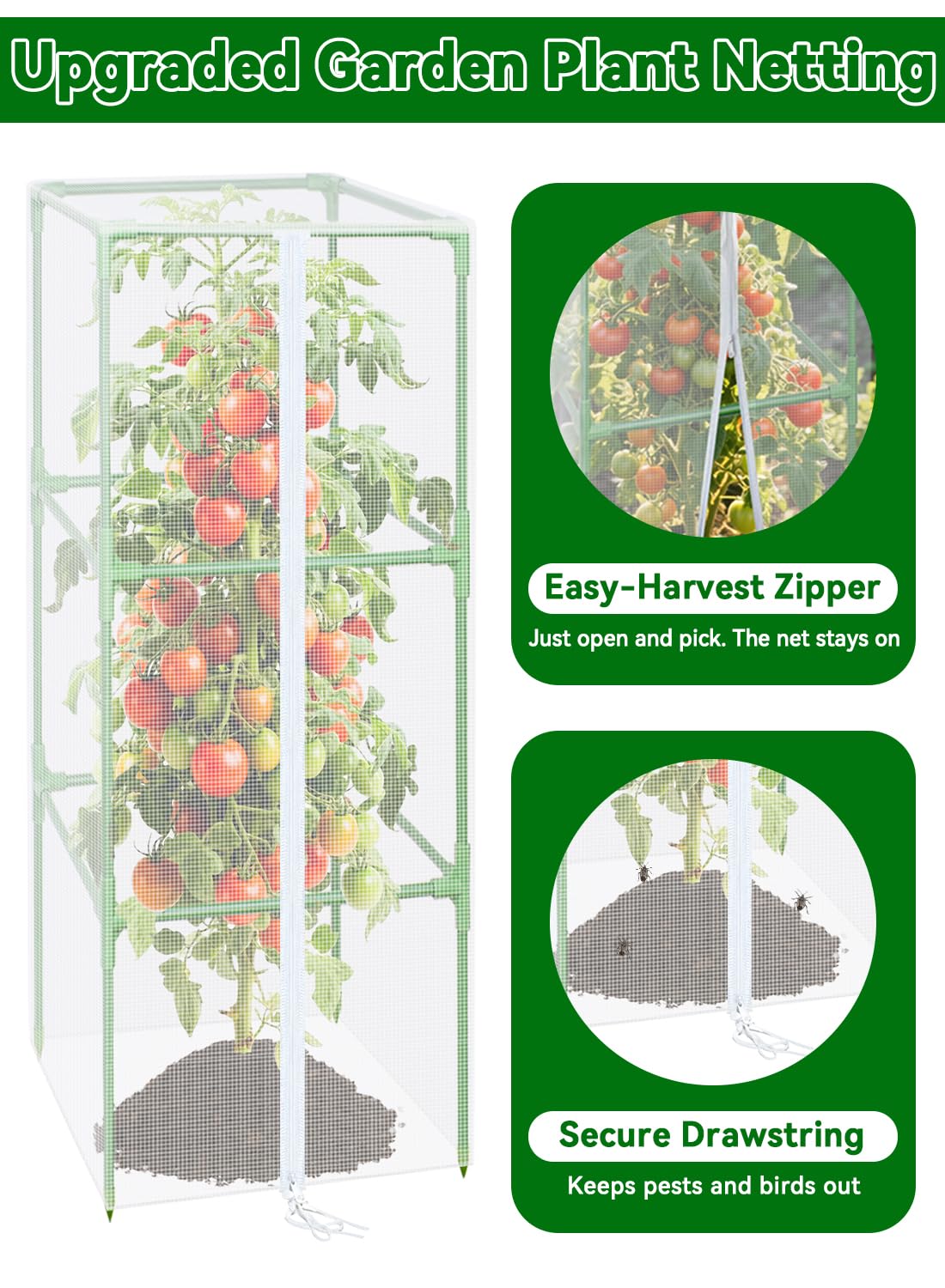 ZeeDix 43.3" x 16.1" Garden Bird Netting for Square Tomato Cage, 2 Pack Garden Mesh Barrier, Plant Covers Protect Tomatoes, Vegetables, Blueberry Bush from Birds & Pests