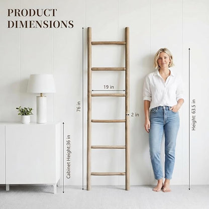 Wooden Blanket Ladder - 76in Natural Wood Color- Leaning Wall Decor for Bedroom, Bathroom, Living Room - Rustic Quilt Holder (Natural Wood Color (Knock Down), 76in | Knock Down)