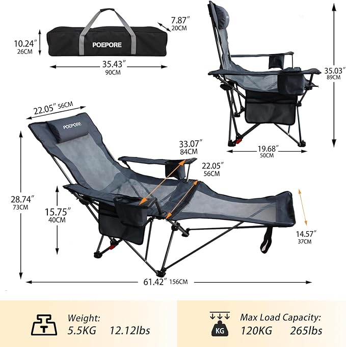 Reclining Camping Chair with Removable Footrest Lounge Chair with Headrest