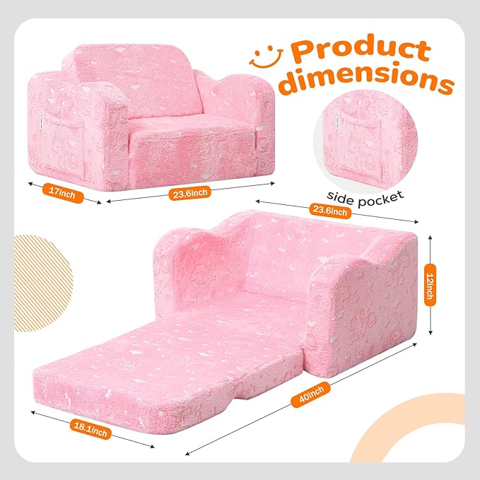 MeMoreCool Glowing Unicorn Kids Chair, 2-in-1 Glow in the Dark Kids Couch Fold