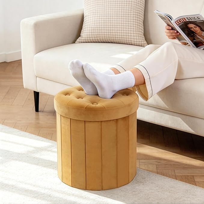CAROLMADE Round Storage Ottoman, Velvet Folding Footrest Stool