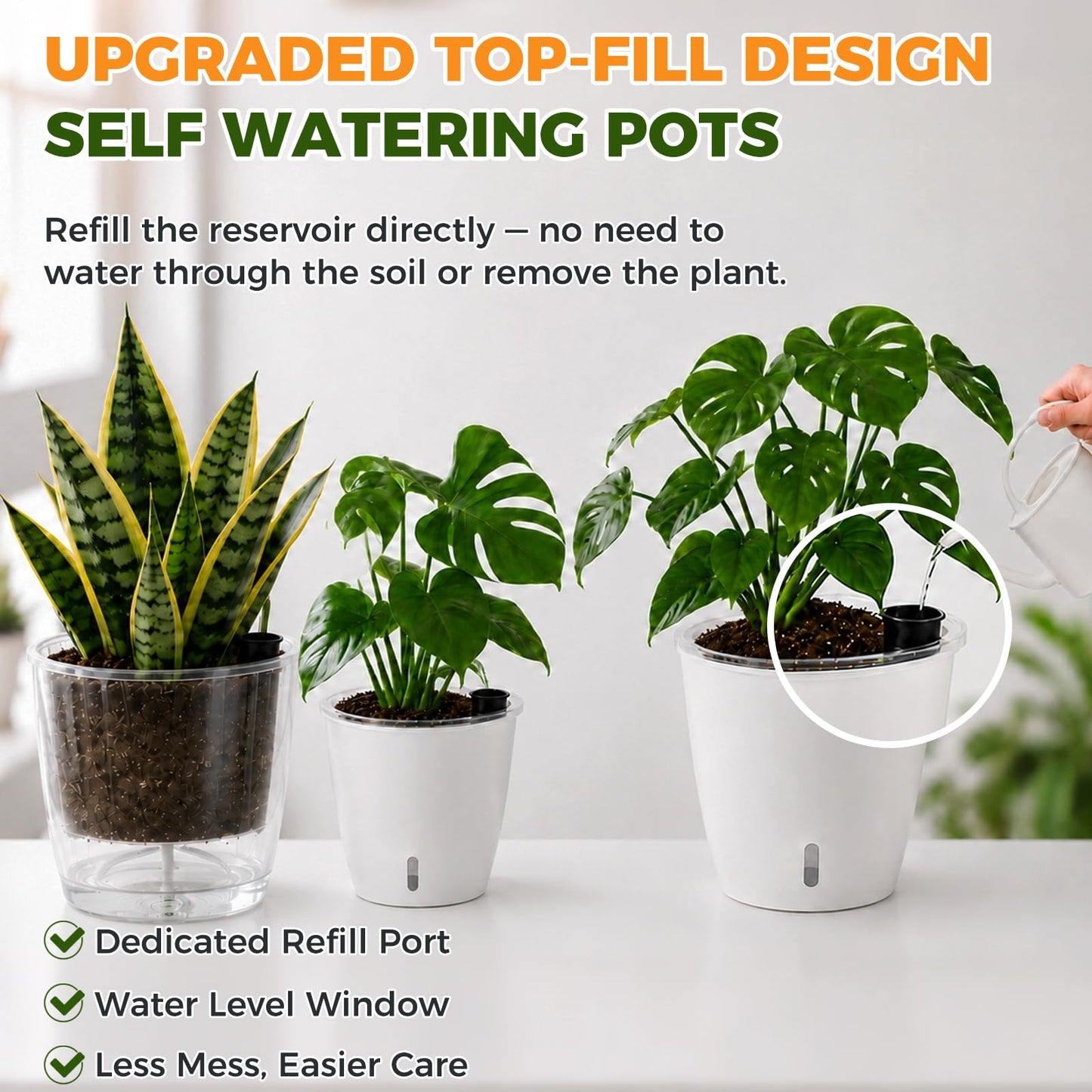 KvyusFlourish Upgraded Self Watering Pots for Indoor Plants, 4-Pack 5 Inch Top-Fill Self Watering Planter with Water Window, Orchid Pots, Clear Wick Inner Basket with Drainage, White