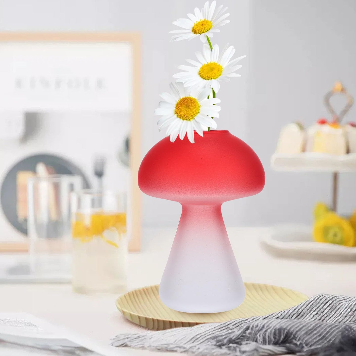 HEANUJJ Glass Mushroom Vases 3pcs Set, Red Small Decorative Glass Terrarium Vases for Hydroponic Plants, Creative Desktop Flower Centerpiece for Home and Office Decor