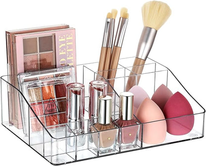 Vtopmart 1 Tier Clear Plastic Makeup Organizer with Drawer, Cosmetic Storage for Dresser Countertop and Bathroom Vanity, Beauty Holder for Lipstick Brush Skincare