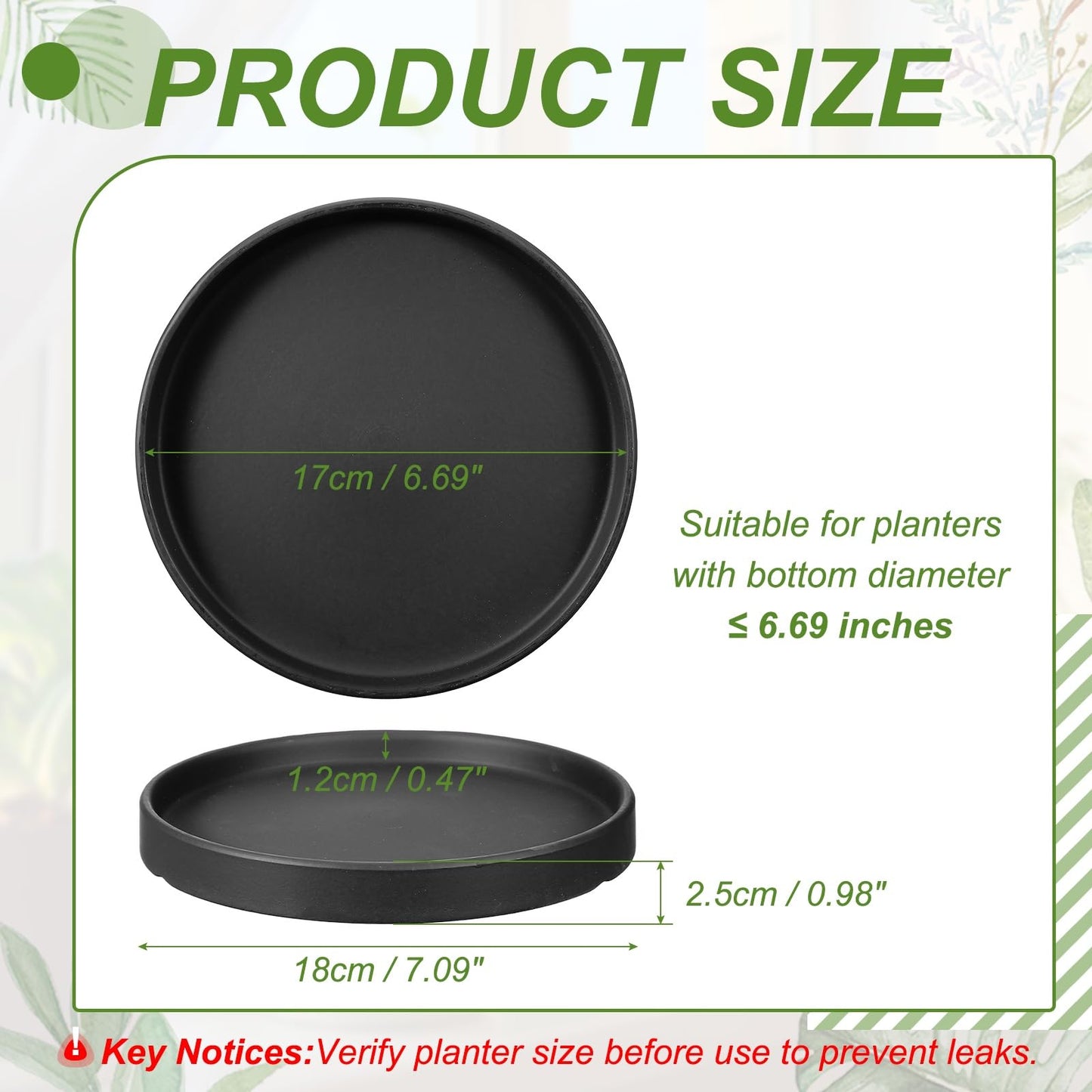 YELARXI 6.7 Inch Ceramic Plant Saucers, Round Flower Planter Water Trays Ceramic Plant Saucer Pot Tray -Fitting for (Outdoor/Indoors/Garden/Planting/Water/Flower/Coffee) Matte Black